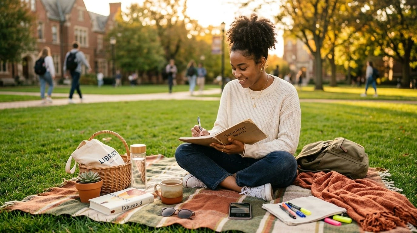 Student with notebook on a university campus