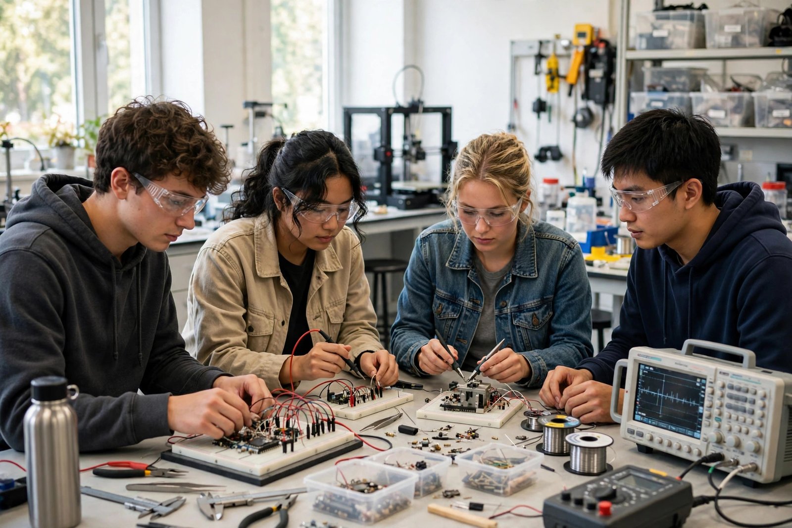 Engineering students working with equipment in a university laboratory