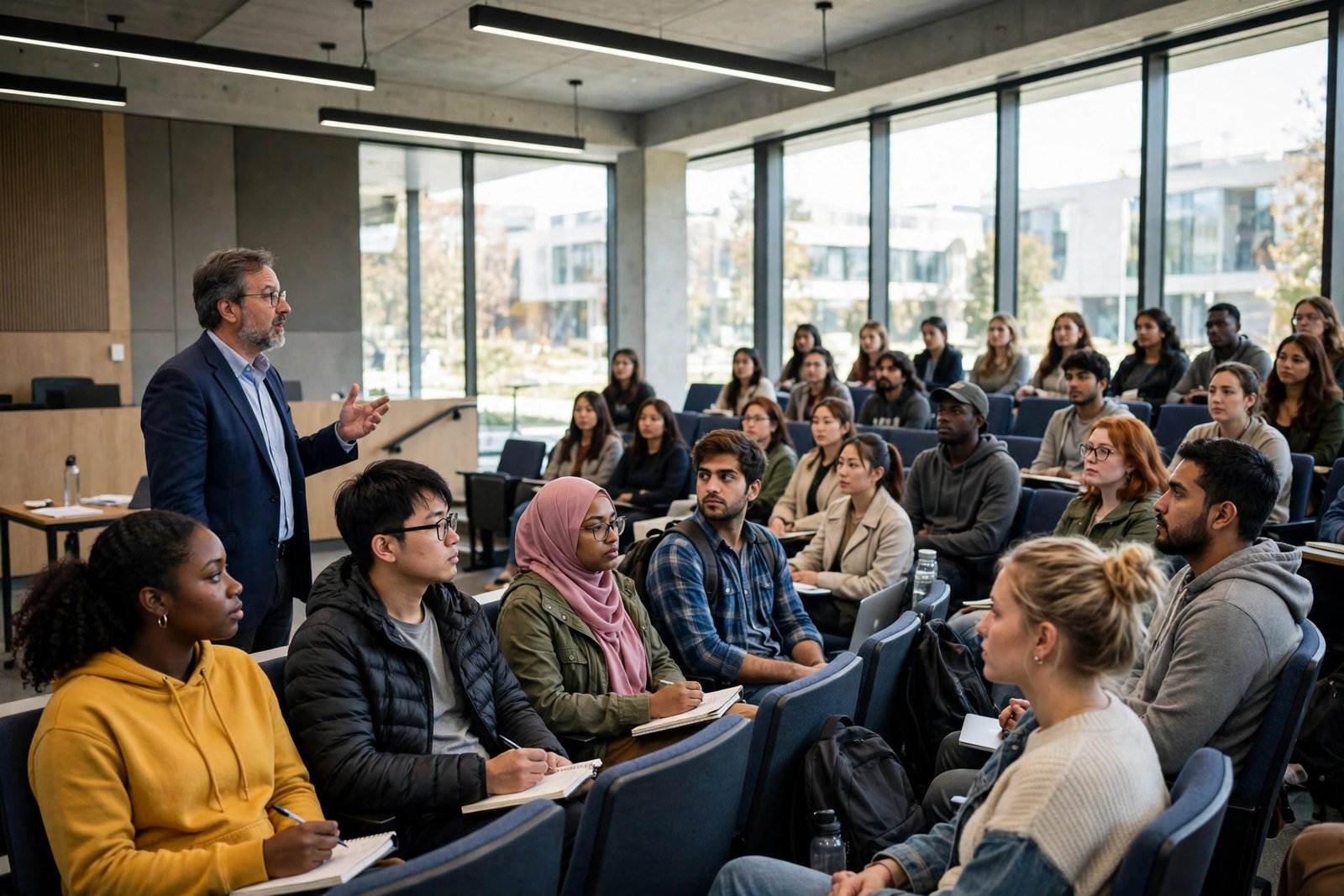 Students in a modern university lecture hall during a lecture