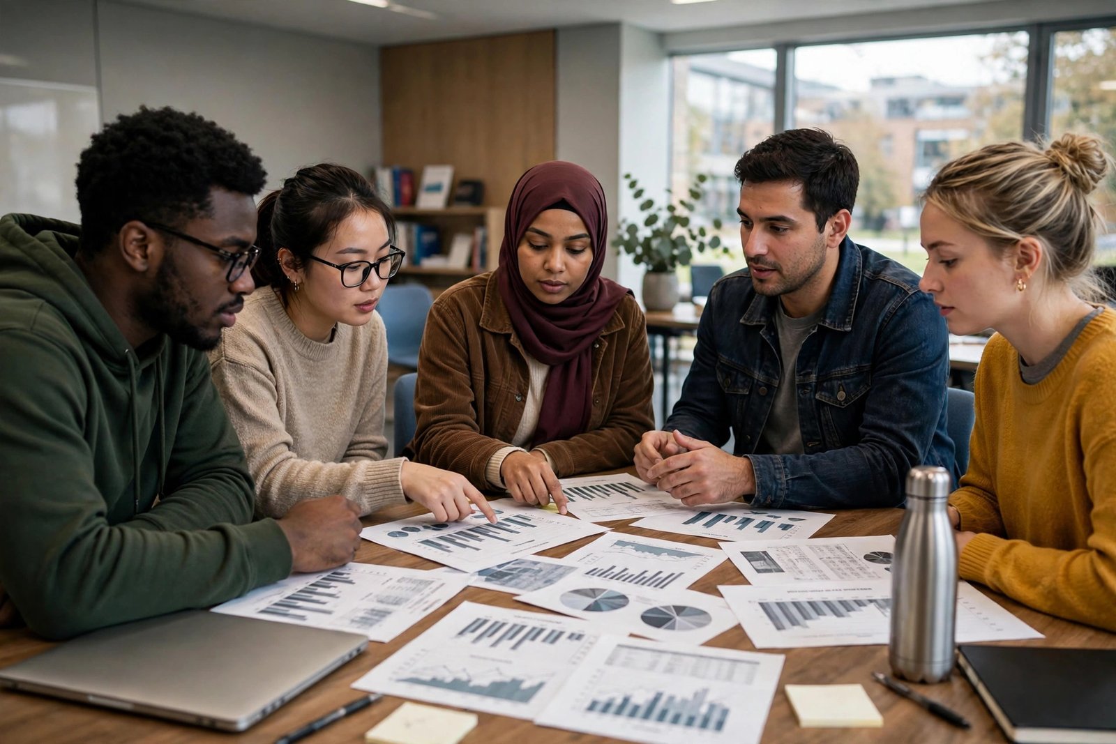 Public health graduate students discussing data in a university seminar room