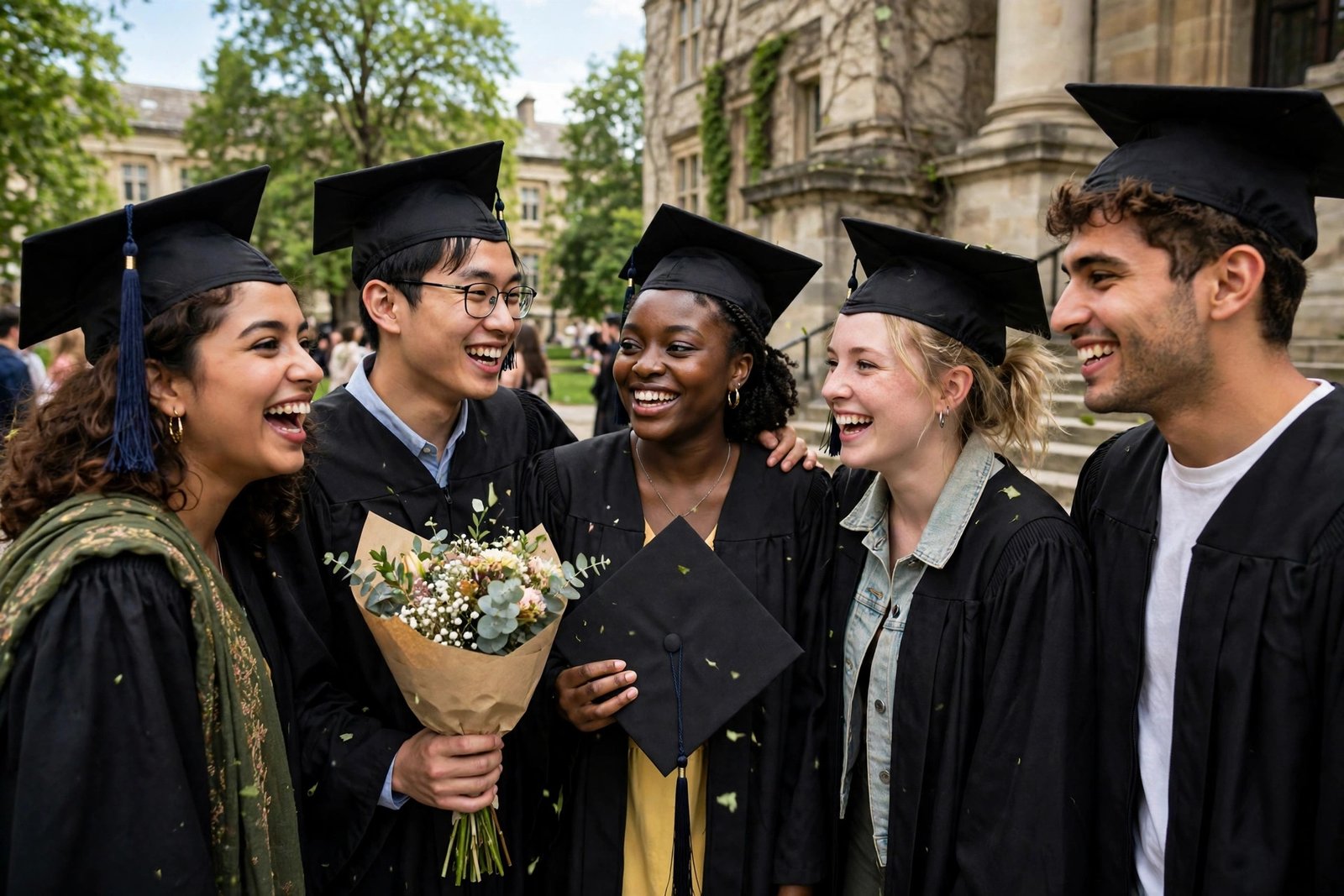Graduates celebrating outside a university building after completing their degrees