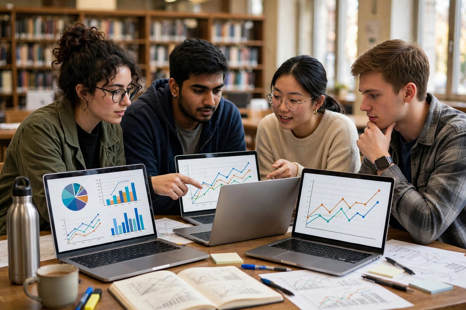 Postgraduate students collaborating on charts and code in a university library