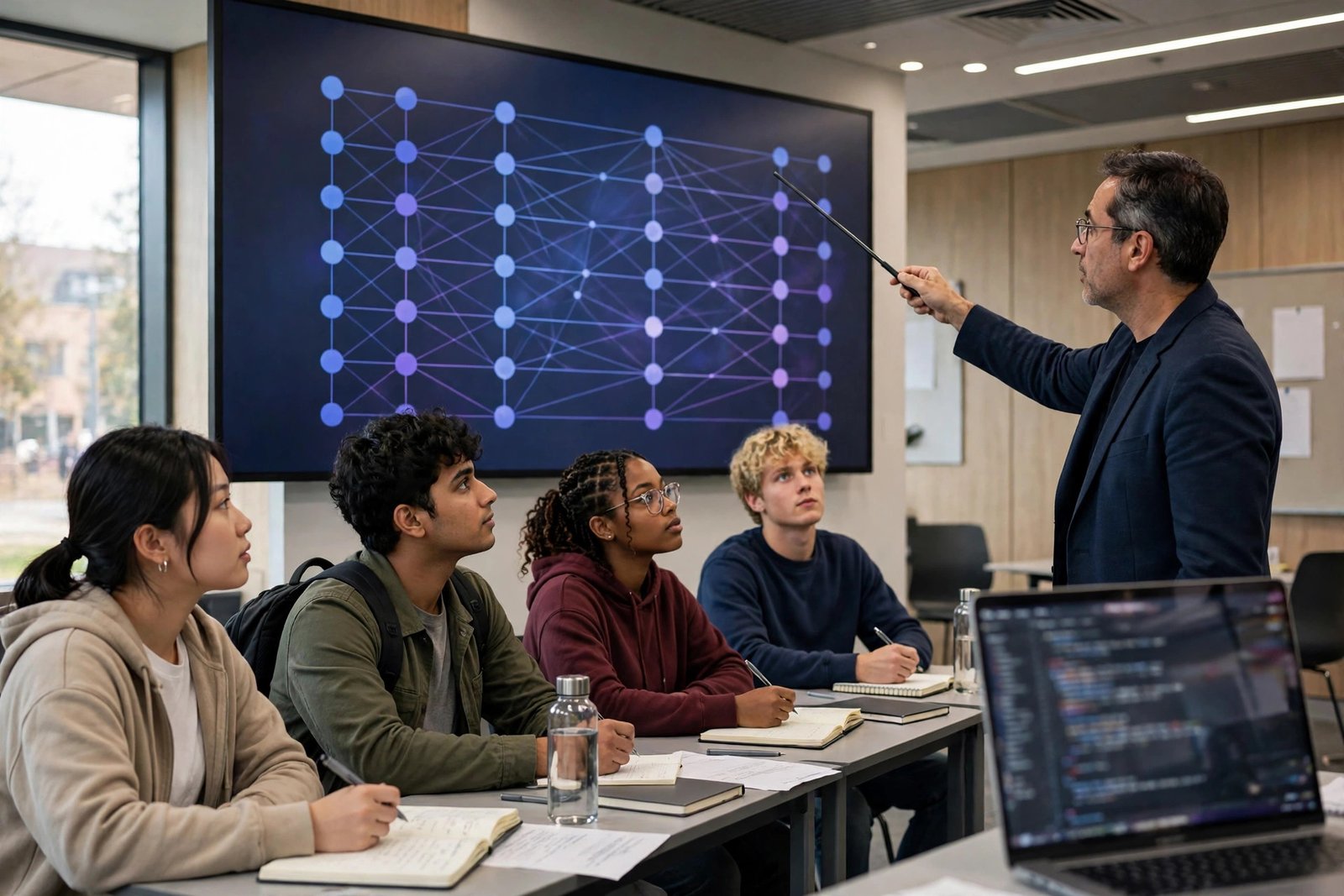 Students in an artificial intelligence lecture at a modern university