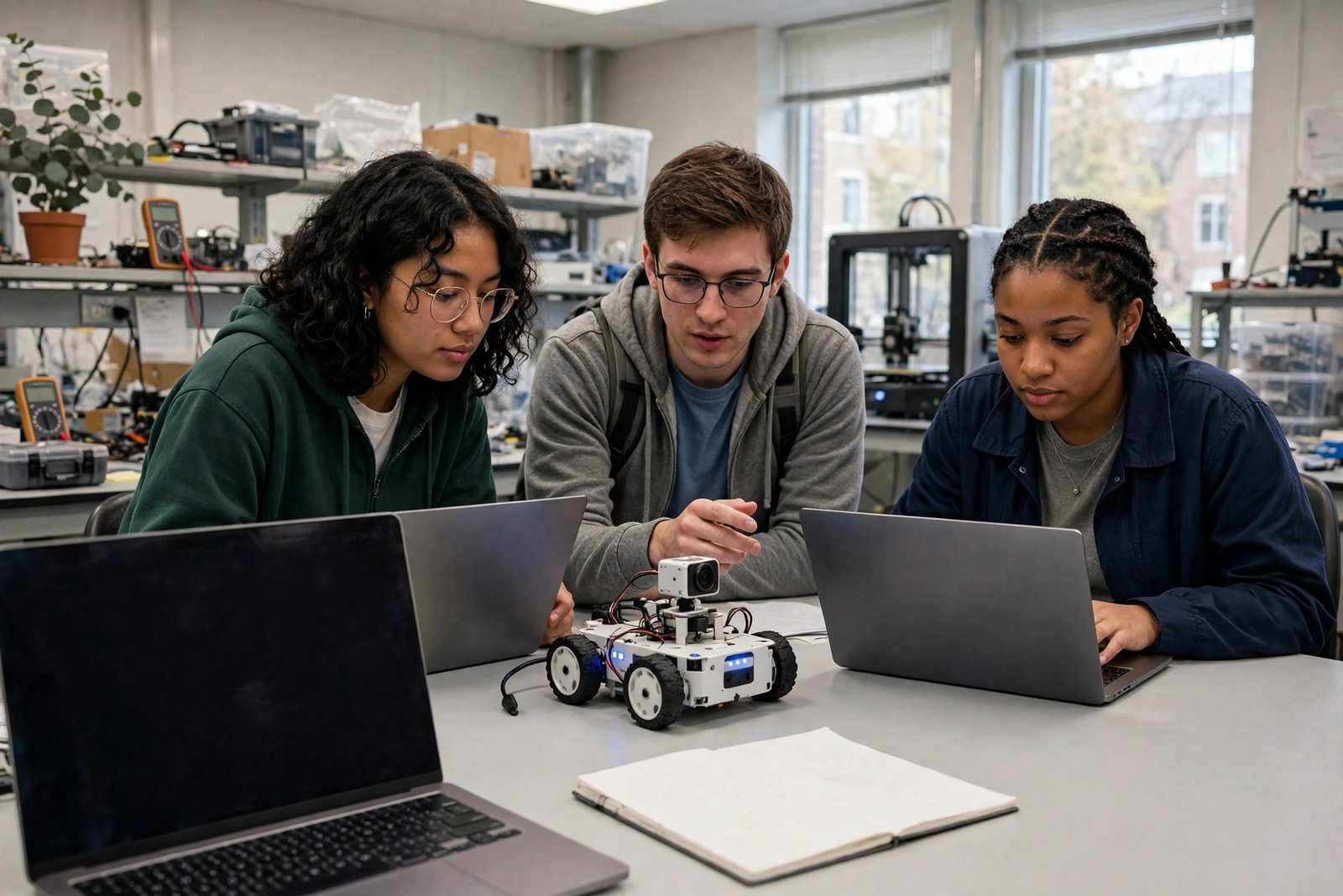 Graduate students working with a robot and laptops in a university AI research lab
