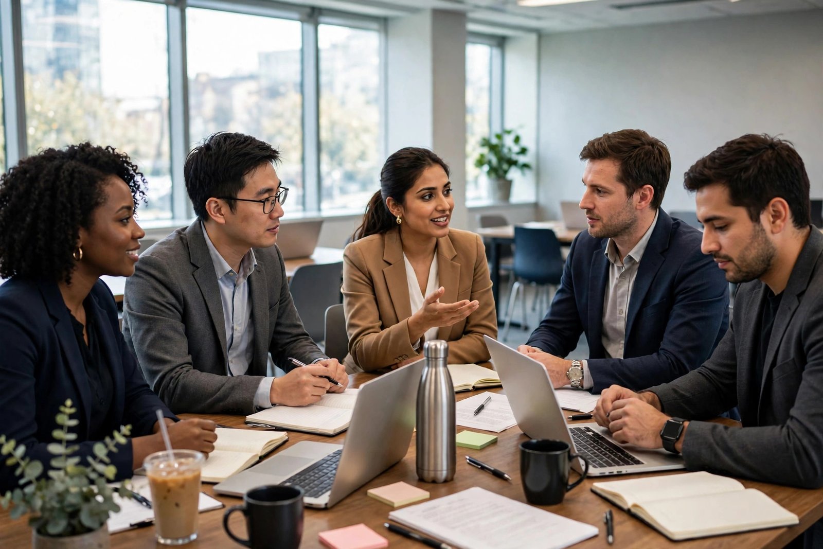 MBA students discussing a case study around a table in a business school classroom