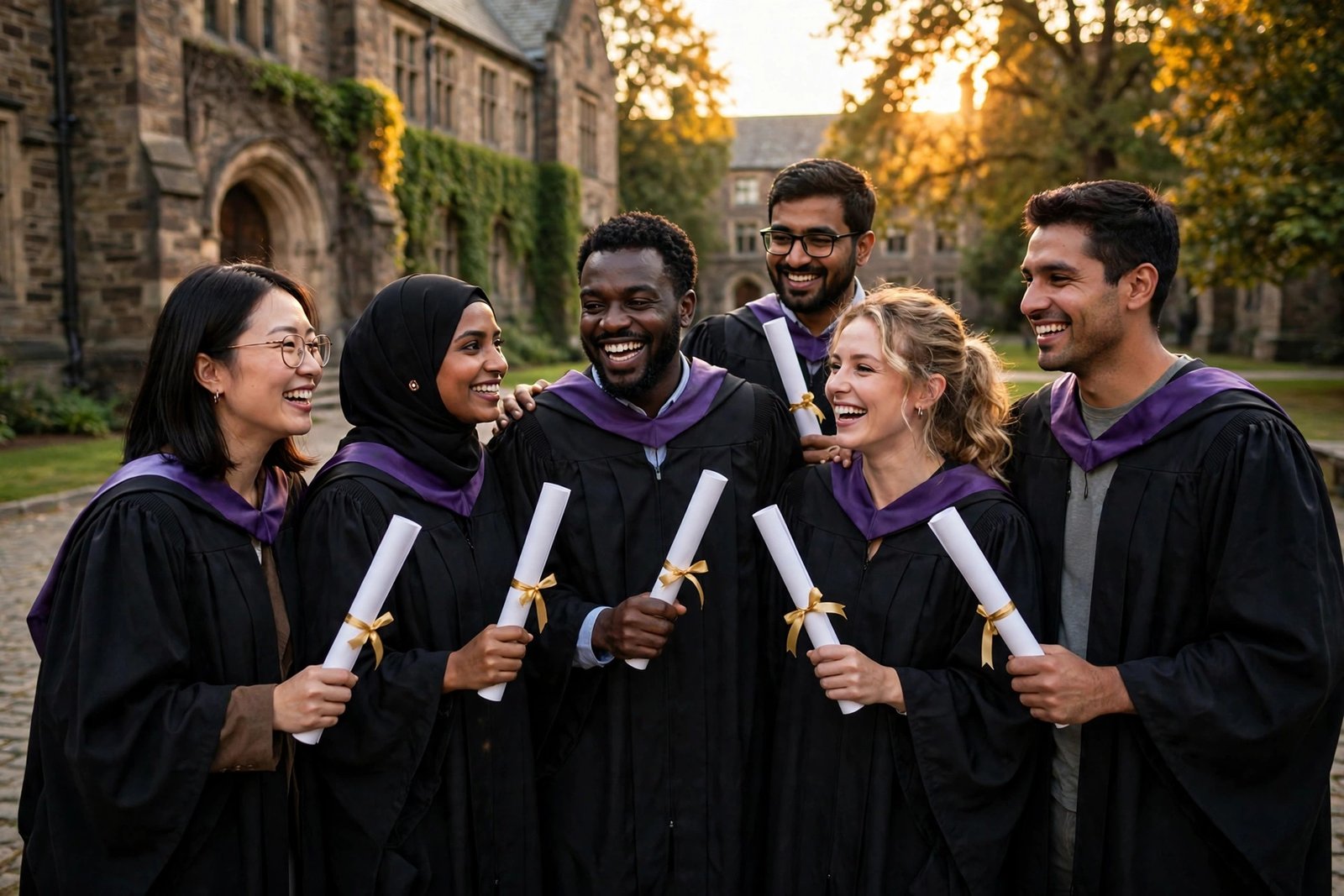 MBA graduates in gowns celebrating on a university campus