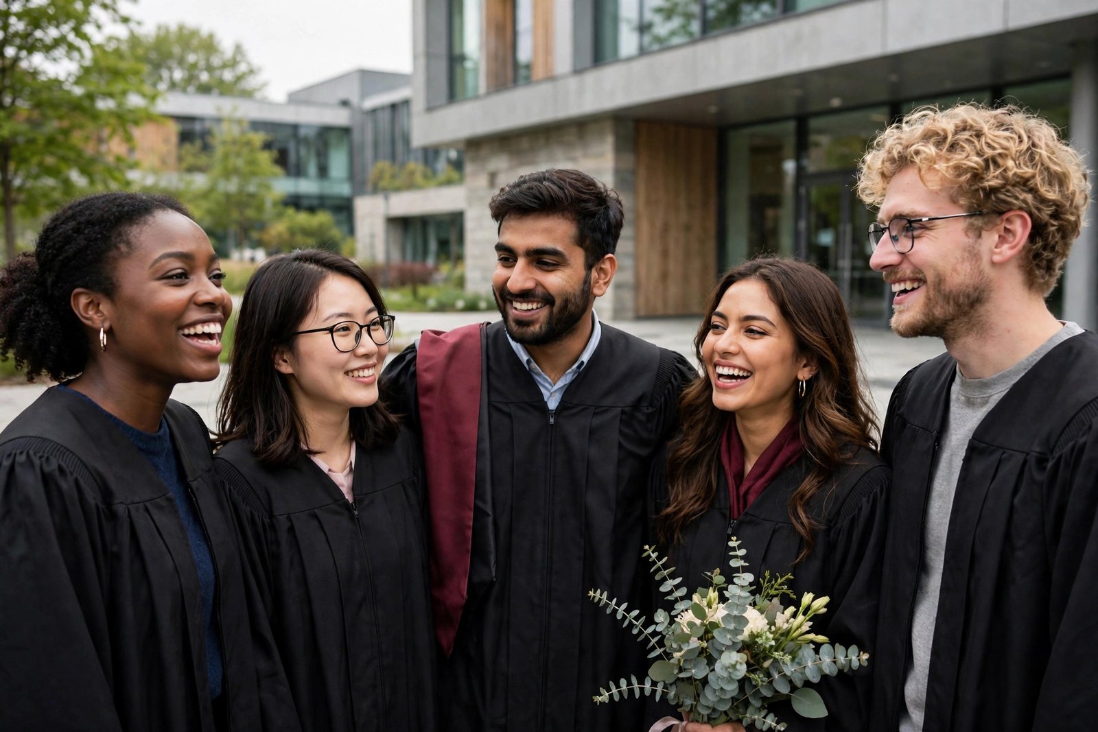 Postgraduate students celebrating graduation outside a modern university building