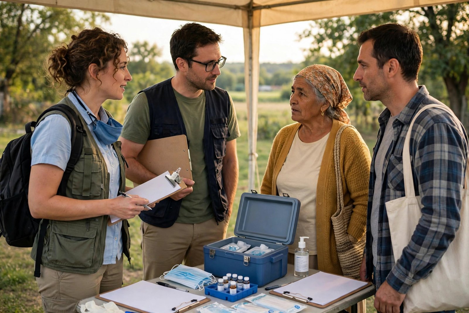 Public health workers speaking with community members at an outdoor health outreach post