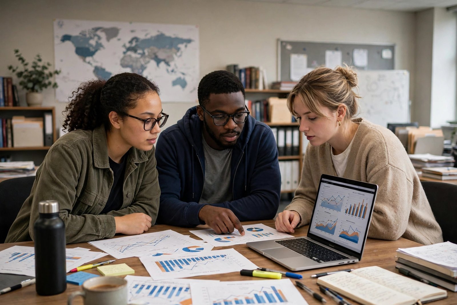 Public health students reviewing data charts together in a university research office