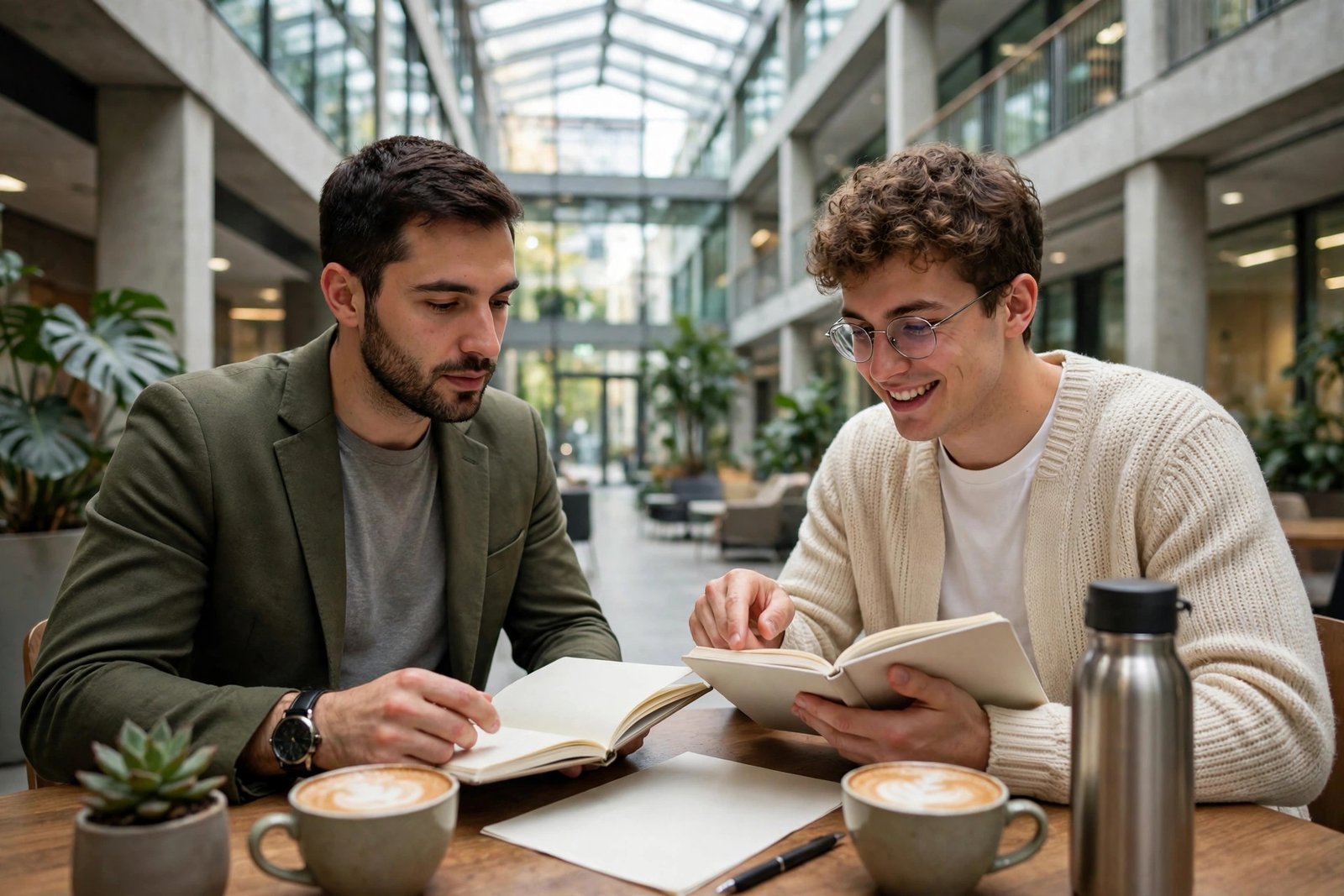 Two graduates of different ages comparing notes over coffee in a university atrium