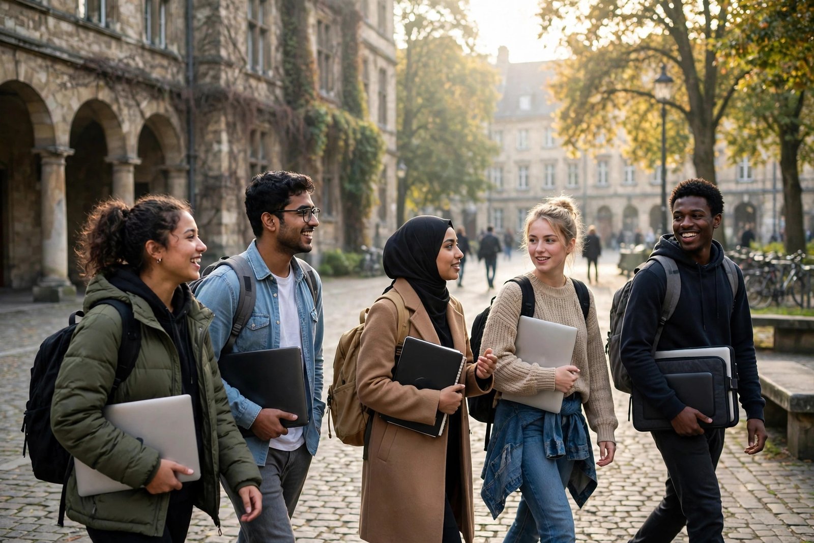 Young management students walking across a European university campus square