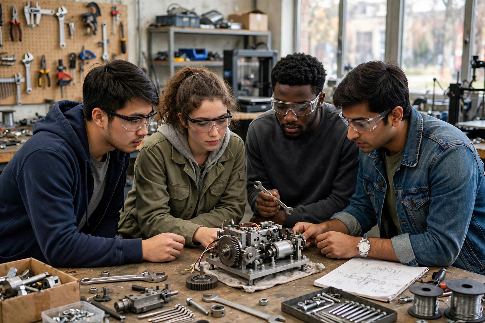 Engineering students in safety glasses examining a mechanical prototype in a university workshop