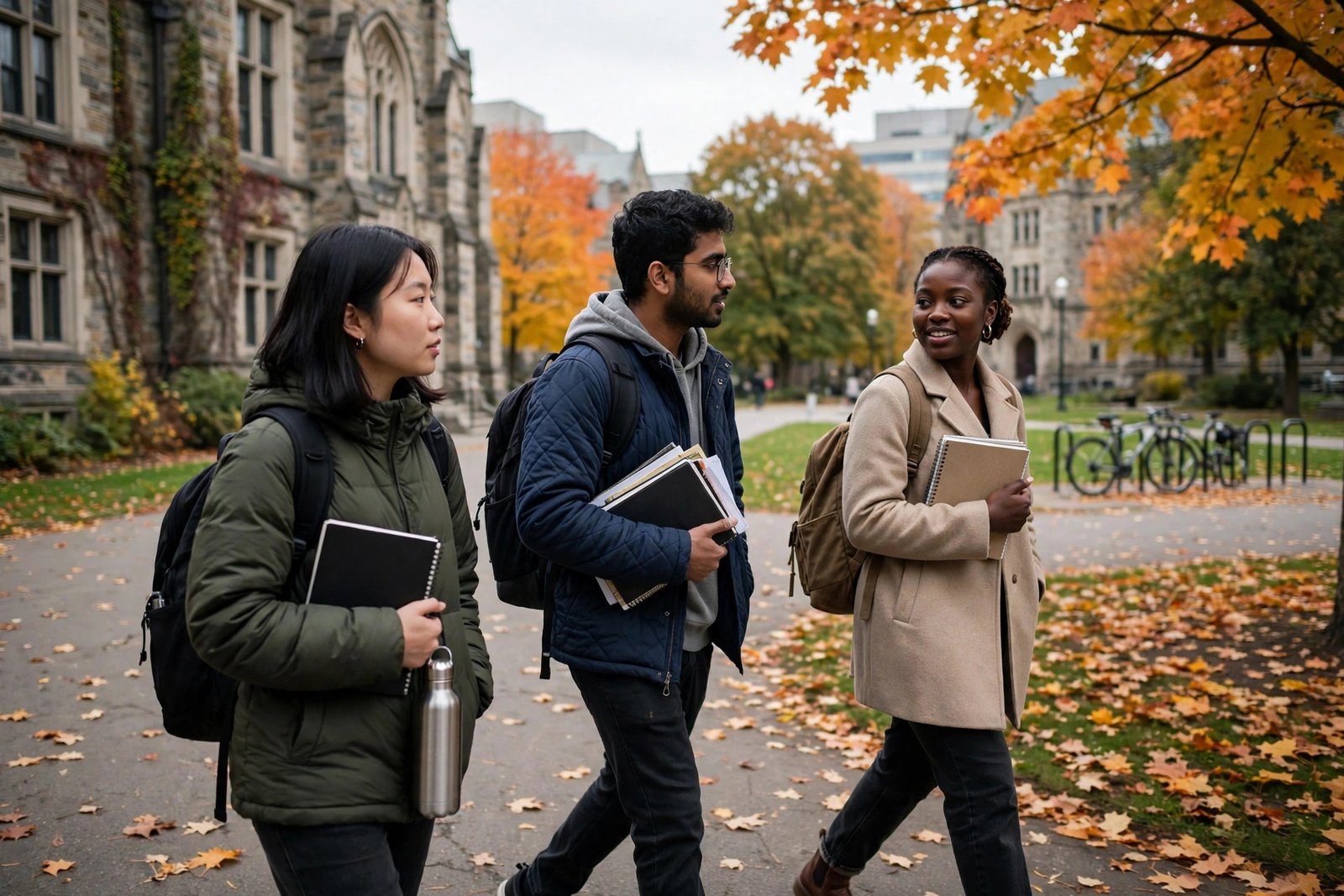 International graduate students walking across a Canadian university campus in autumn