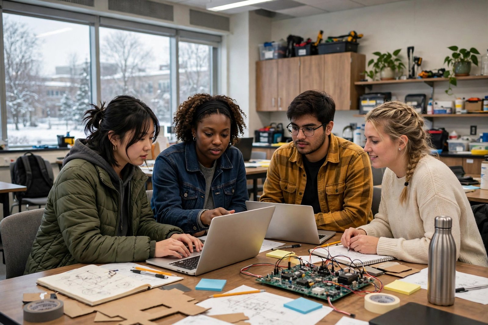 College students in Canada working on laptops during an applied group project in a modern classroom