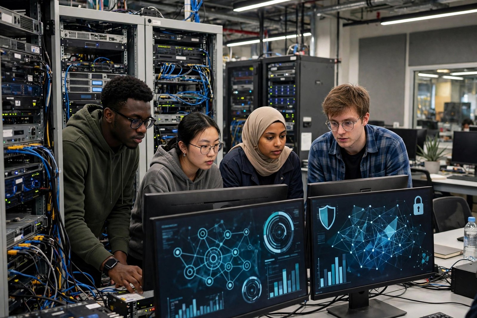 Students working in a university computer science and cyber security laboratory