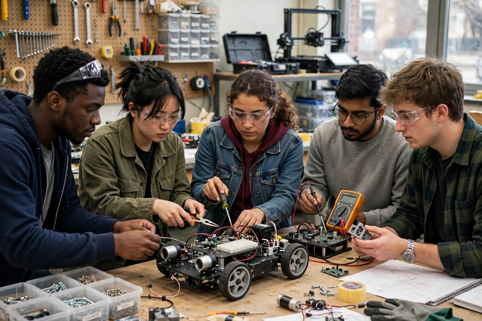 Engineering undergraduate students building a robot prototype in a university workshop