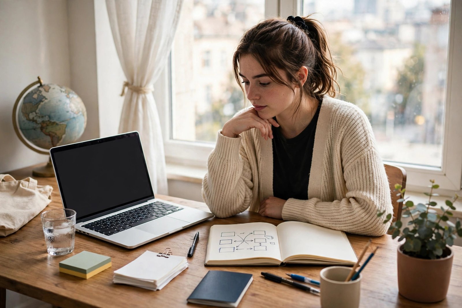 Student planning study abroad degree options with a laptop and notebook at a desk