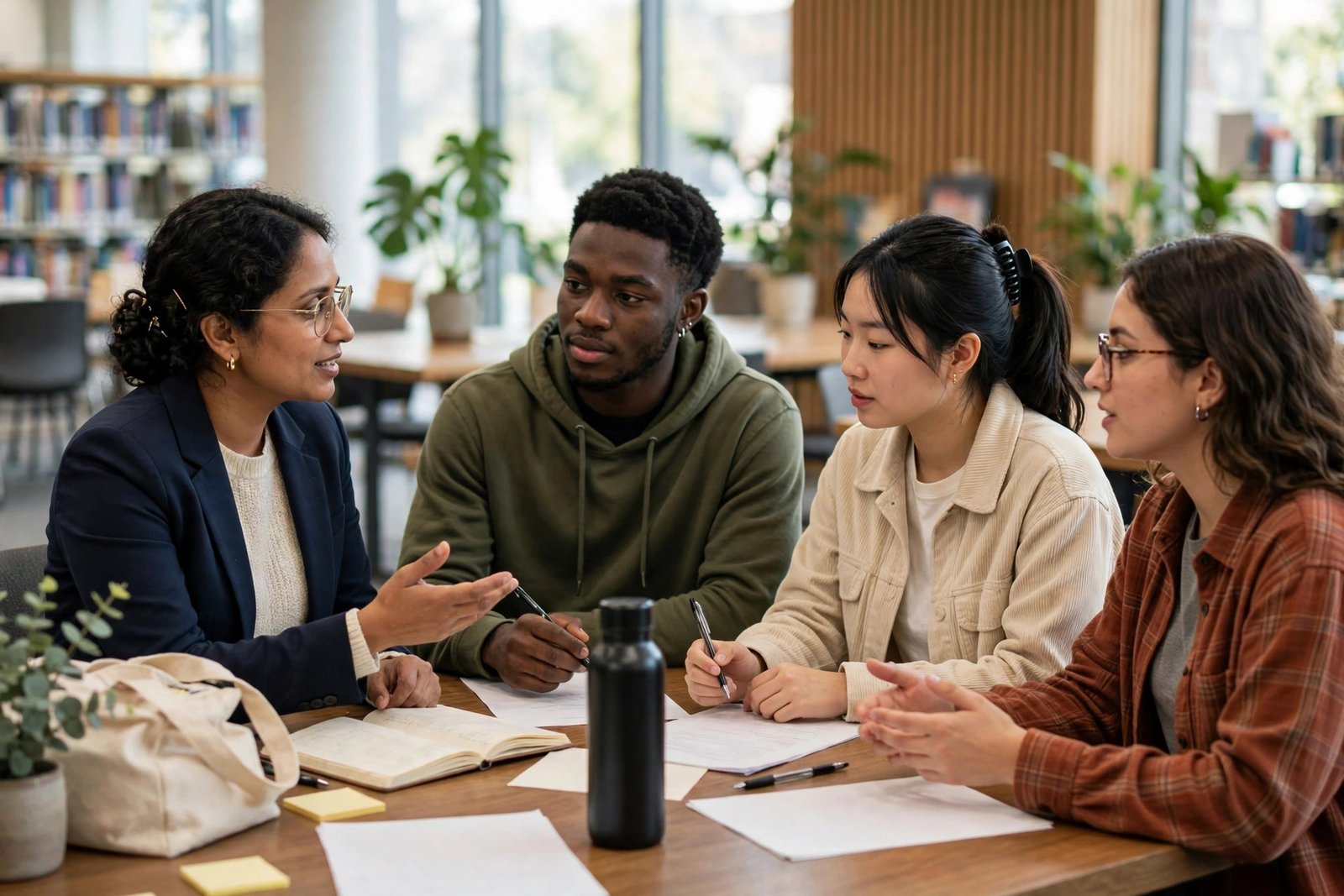 Students discussing degree options with an academic adviser in a bright campus library