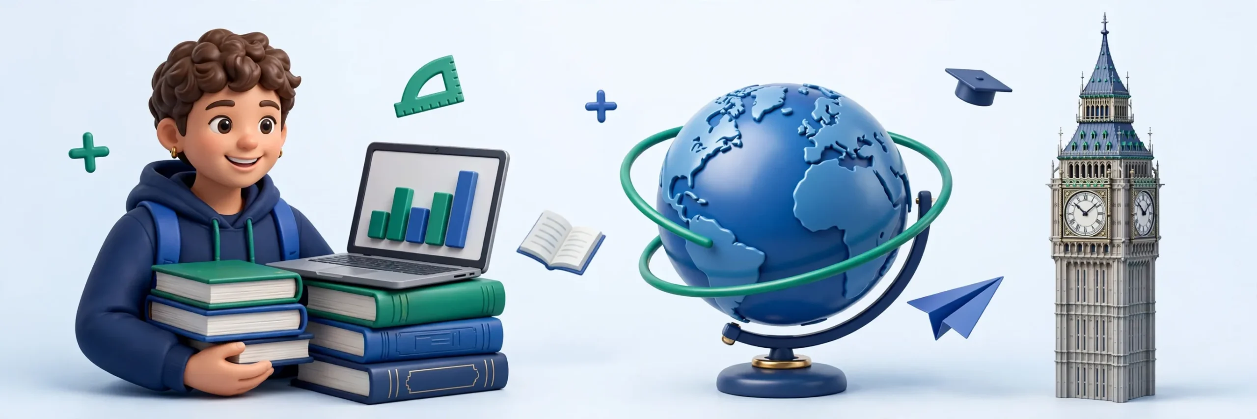 Illustration of online learning with a laptop, books and floating study icons