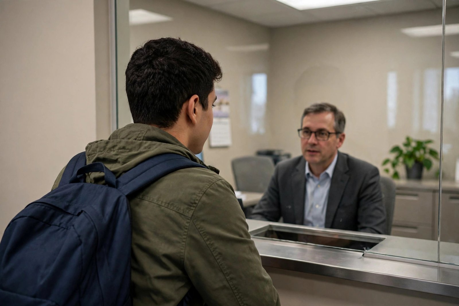 Student speaking calmly with an official at a glass service window during a visa interview