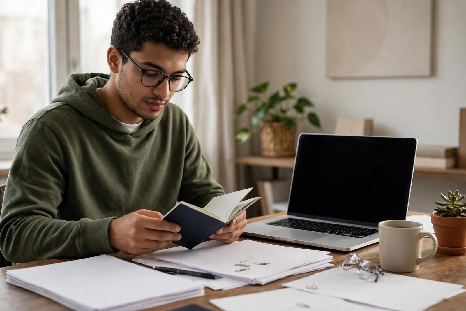 Student preparing passport, bank statements and university documents for a visa application