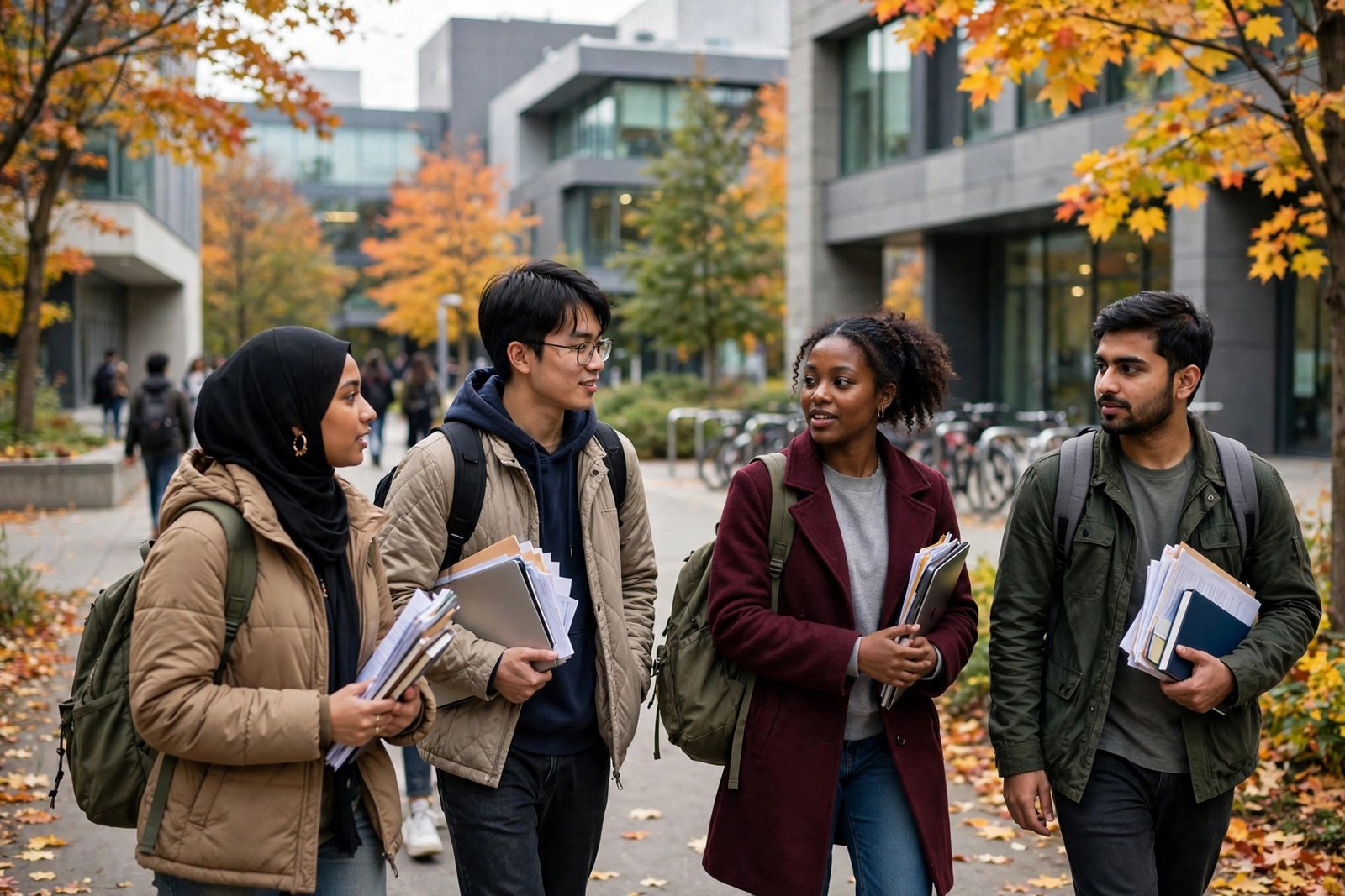 International students walking on a university campus in Toronto in autumn