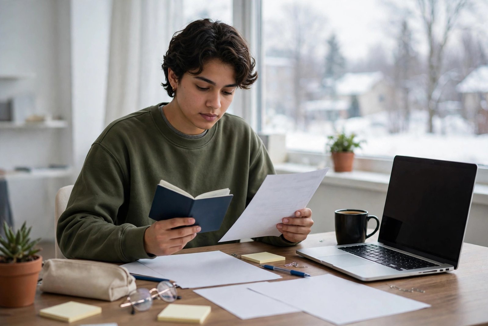 Student reviewing study permit documents and a passport at a desk with a laptop