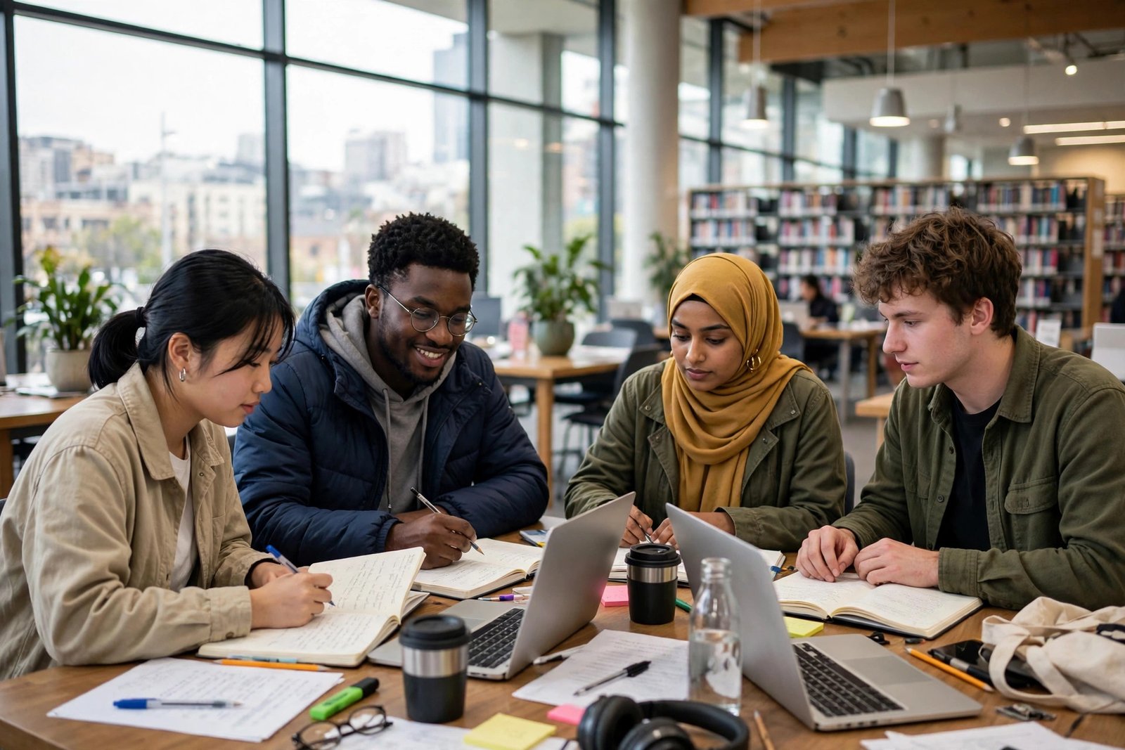 International students studying together in a bright university library in Melbourne, Australia