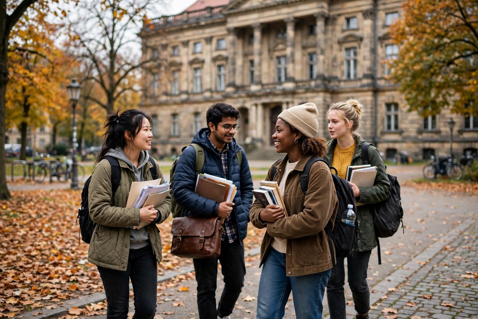 International students walking across a university campus in Berlin, Germany
