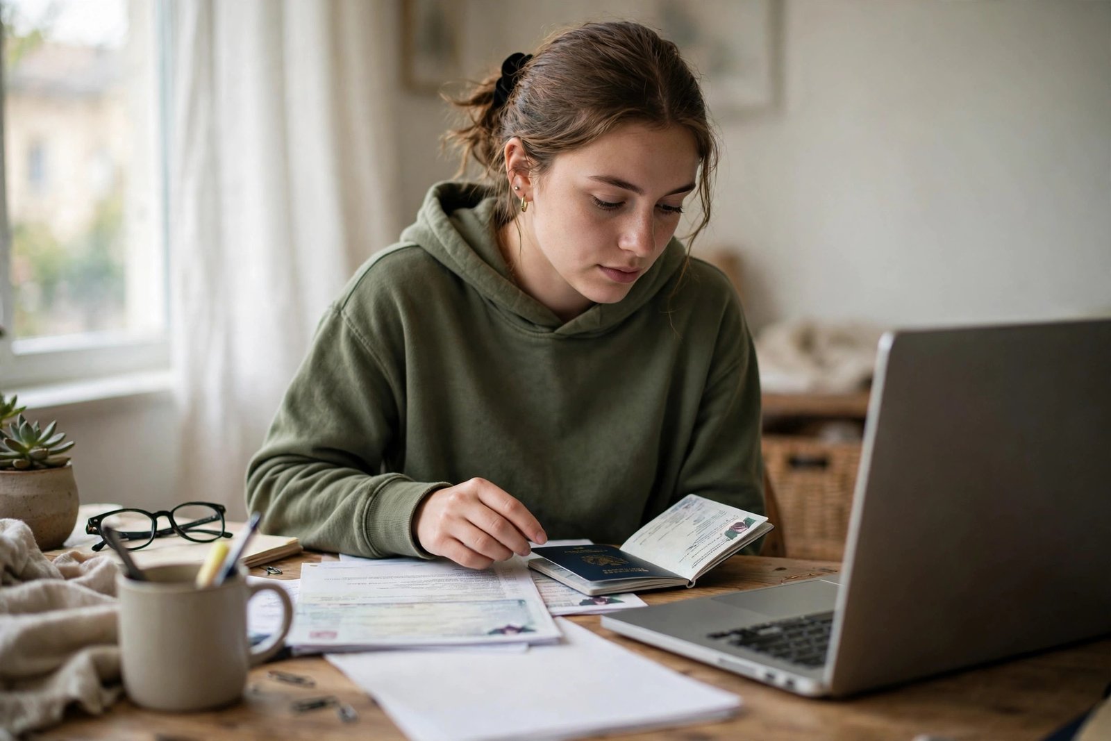 Student reviewing a passport and visa documents at a desk before an embassy appointment