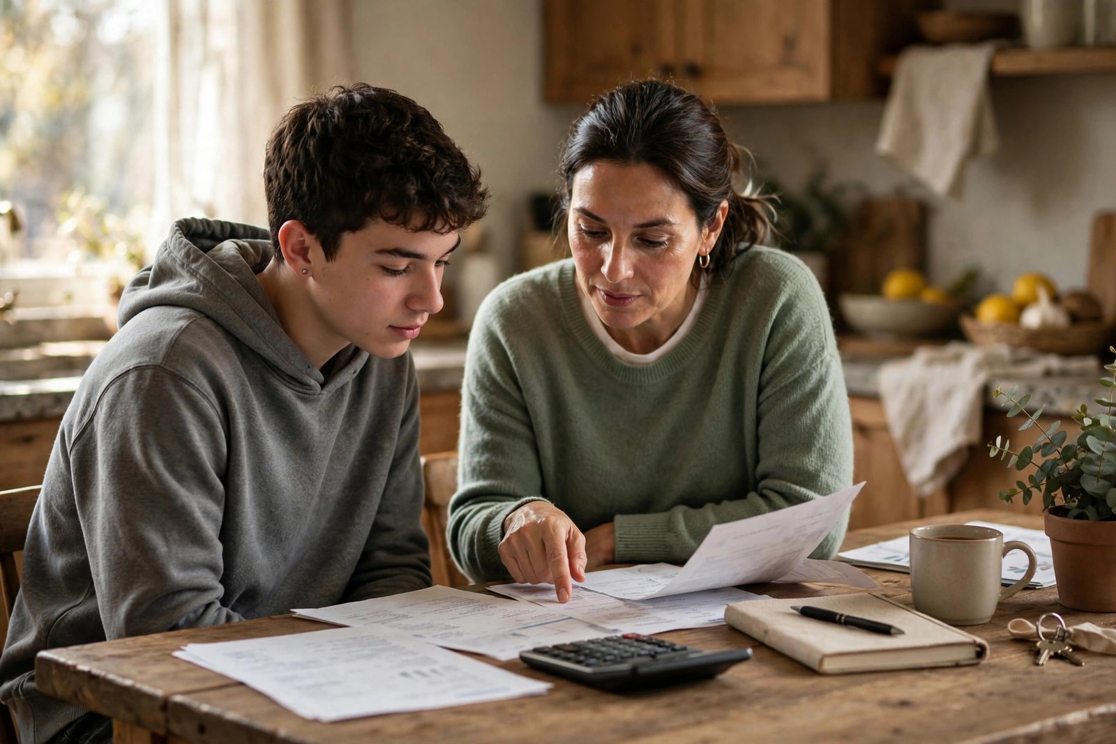 Student and parent reviewing bank statements and savings documents for a visa application