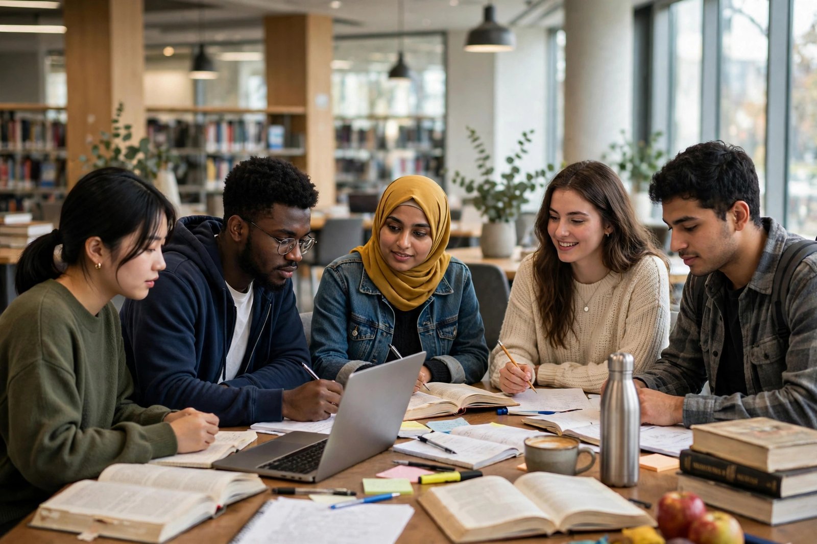 International students studying together in a bright university library