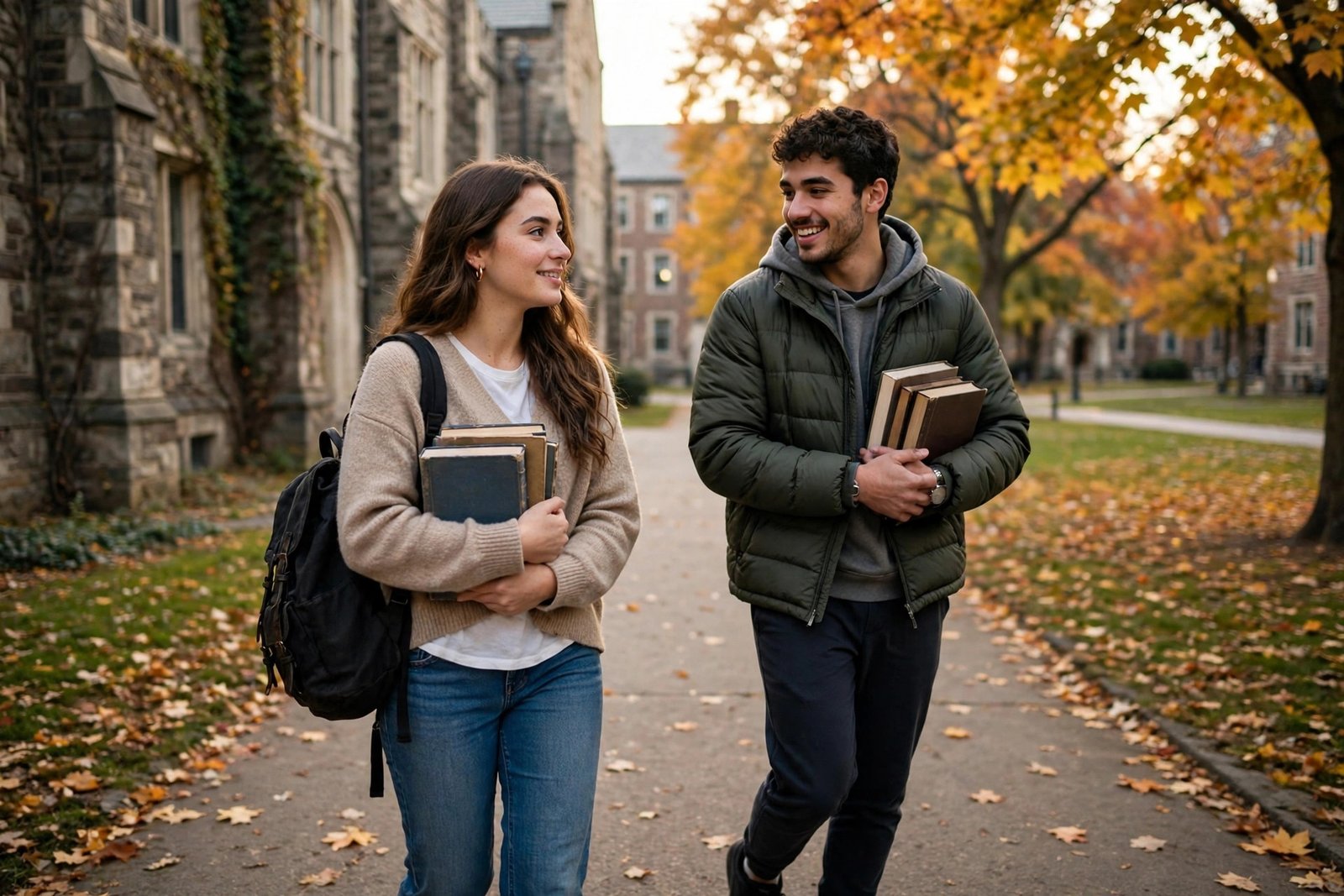 Student couple walking together across a university campus with books and a backpack