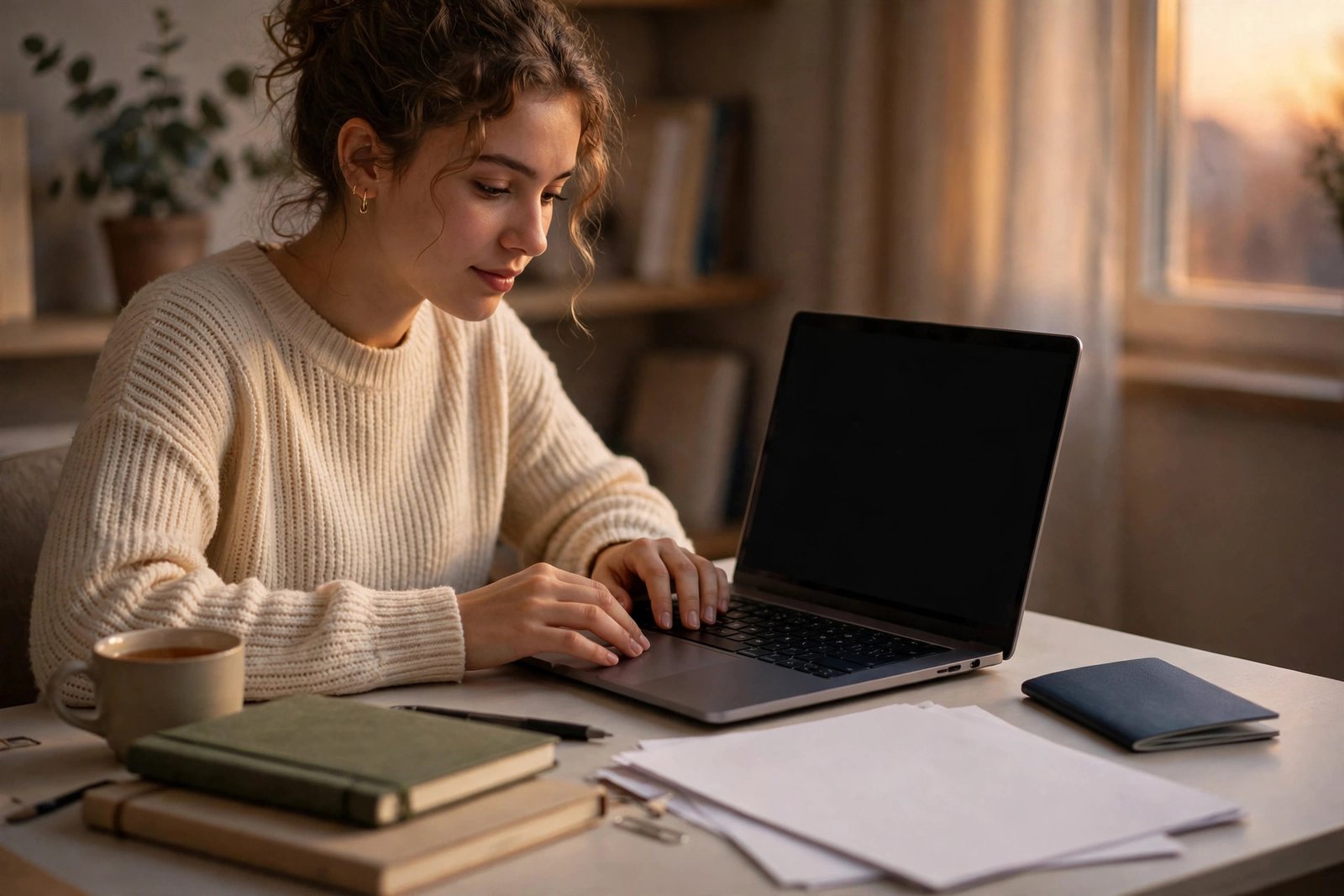 Student completing a university application on a laptop at a tidy desk with notebooks and documents