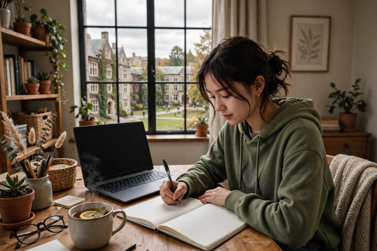 Student writing university application answers at a laptop in a study room