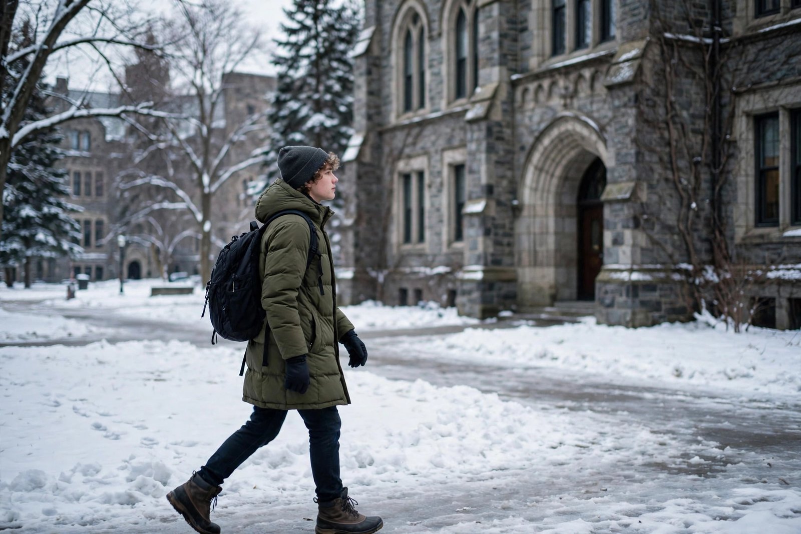 Student walking across a Canadian university campus in winter