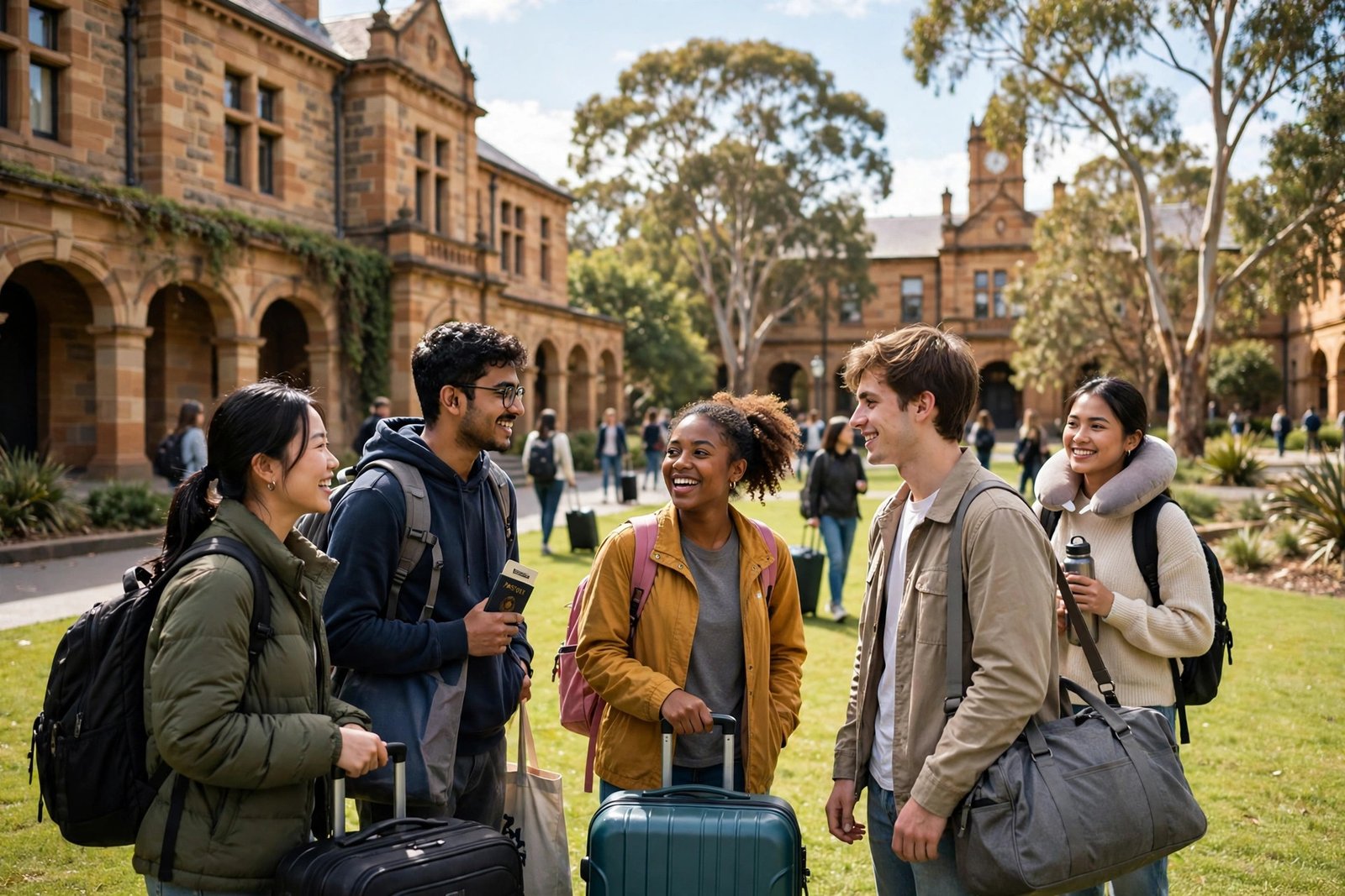 New international students arriving on a sunny Australian university campus with lawns and historic buildings