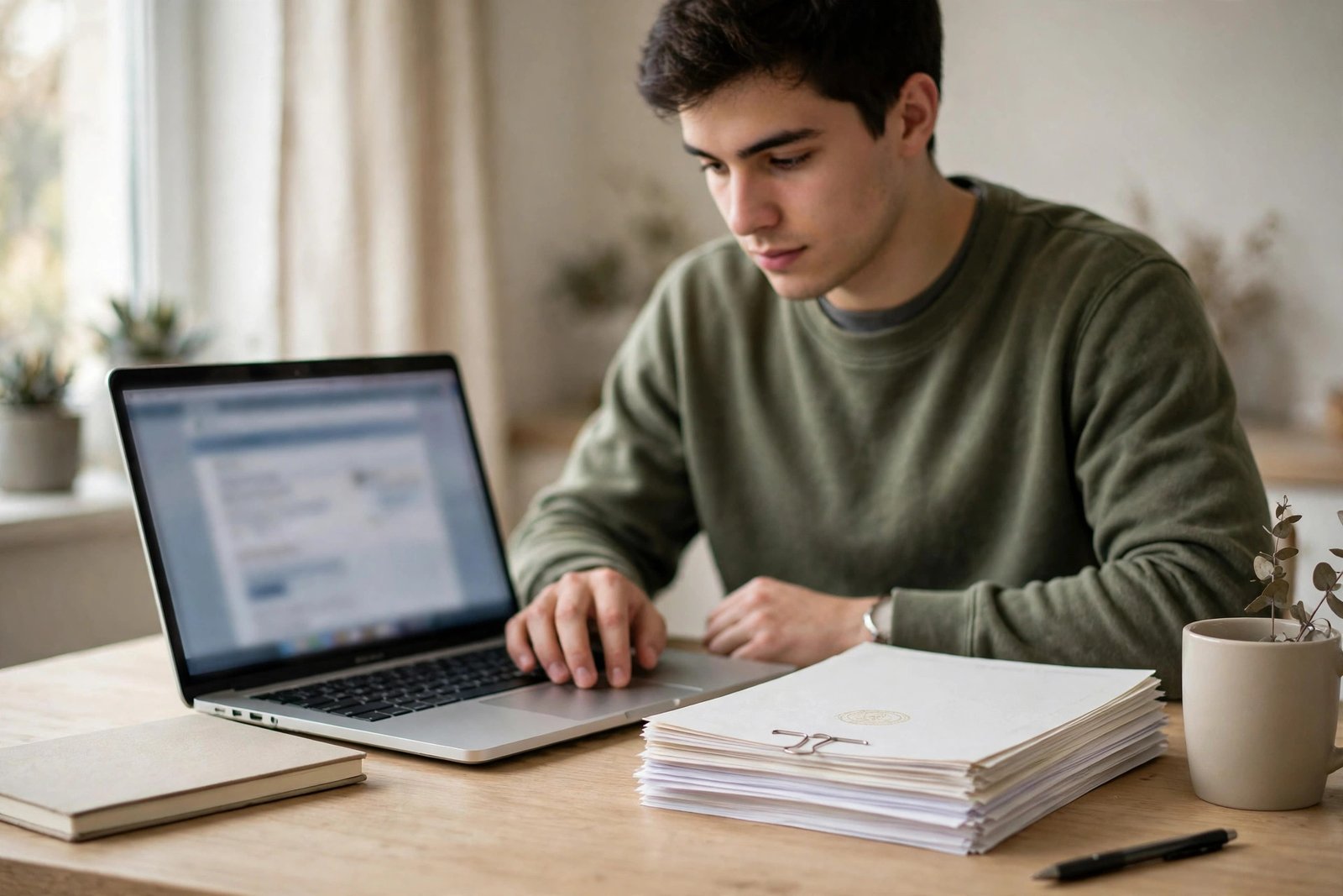 Student preparing a university application on a laptop with transcripts and certificates on the desk