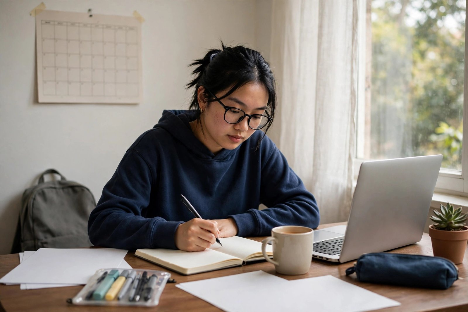 International student planning fall 2027 university applications with a calendar and laptop