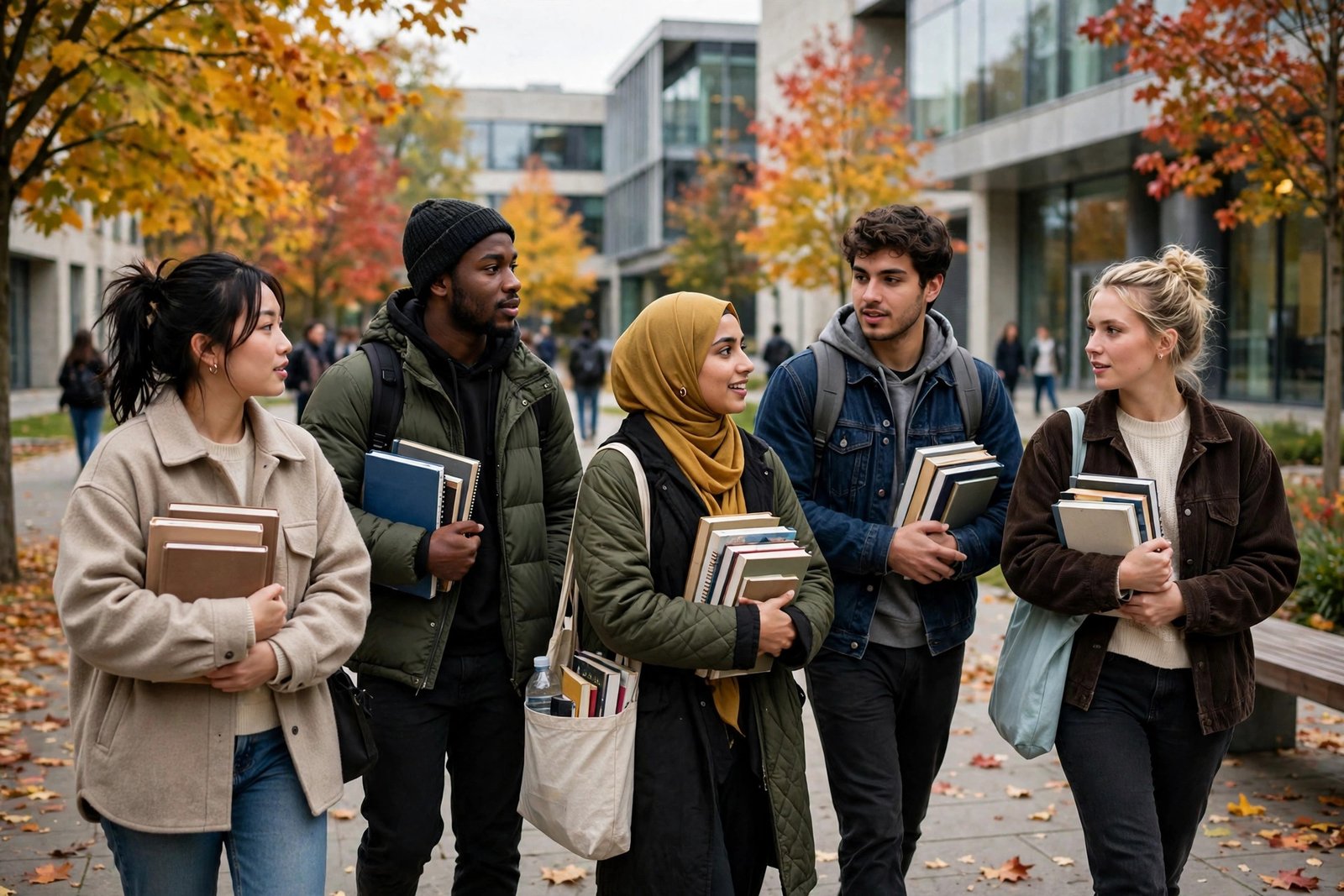 University students walking on campus in autumn at the start of the fall semester