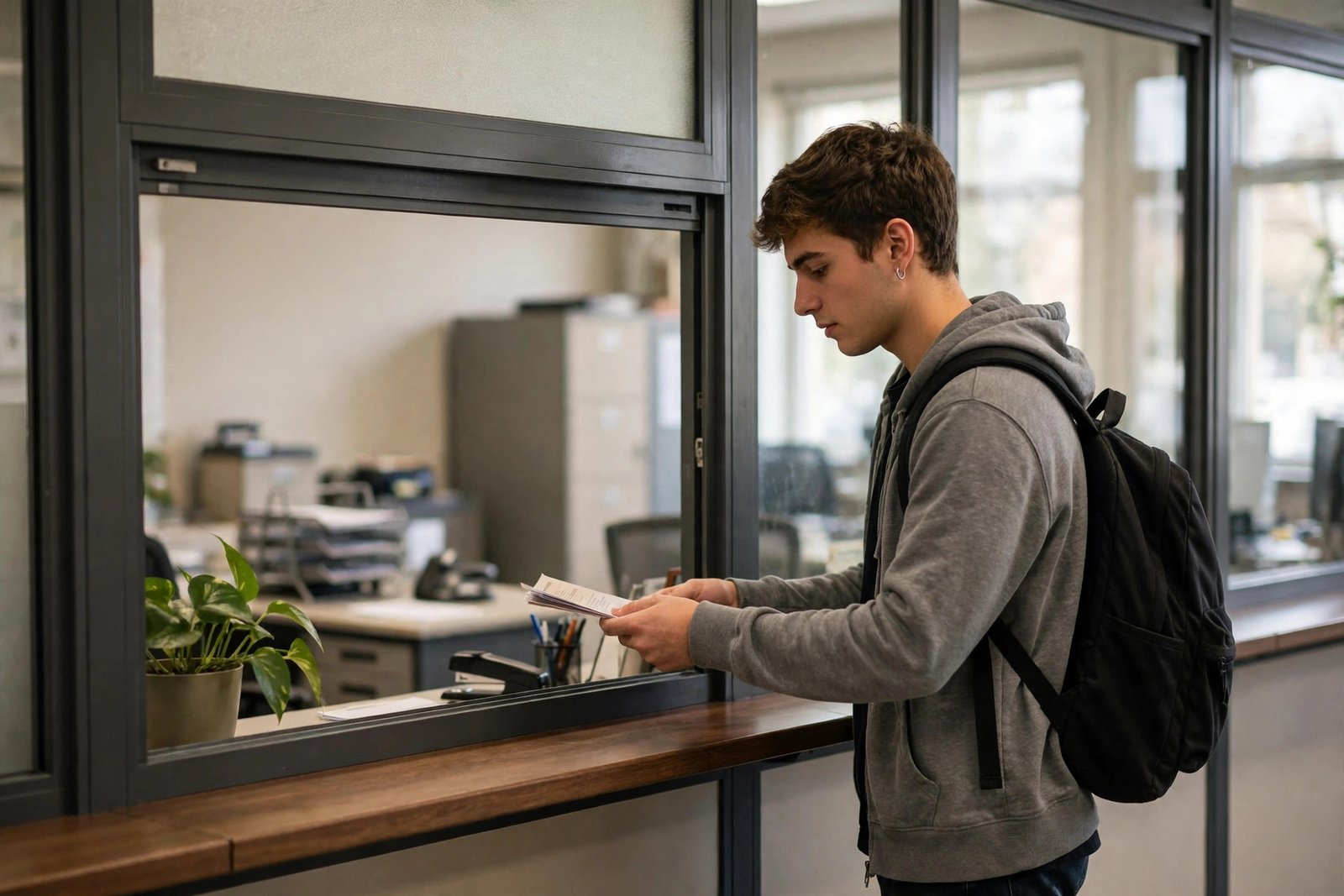 Student submitting documents at an official verification office for attestation