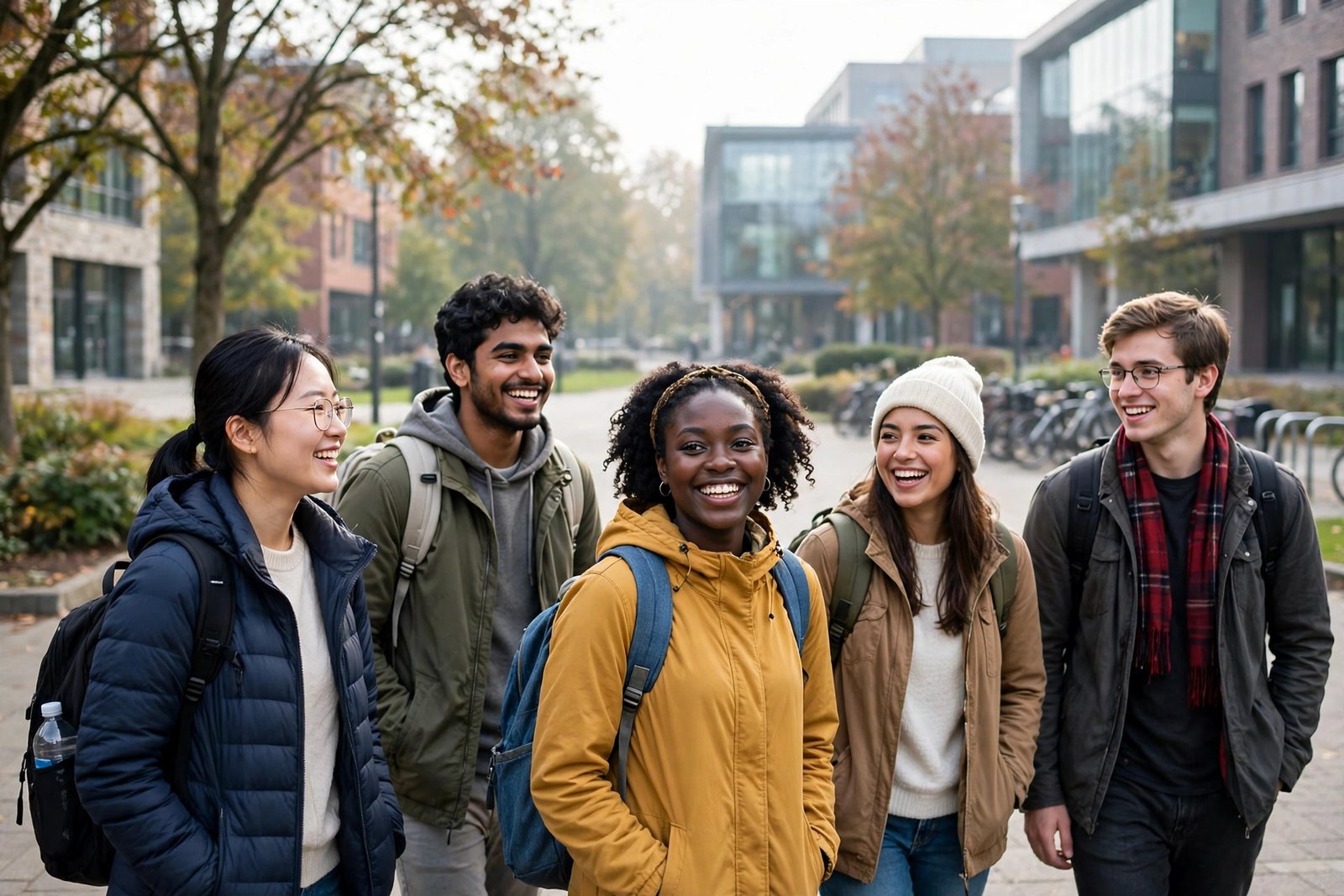 International students walking on a university campus with backpacks