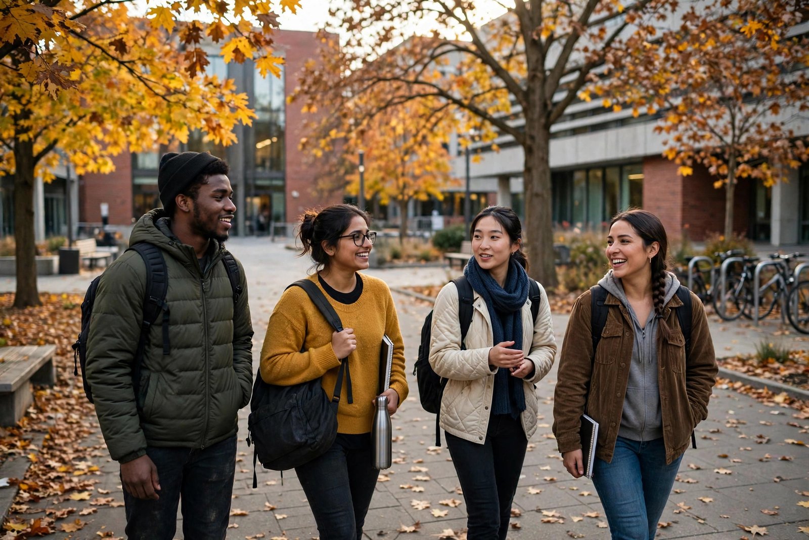 Graduate students walking and talking on an American university campus