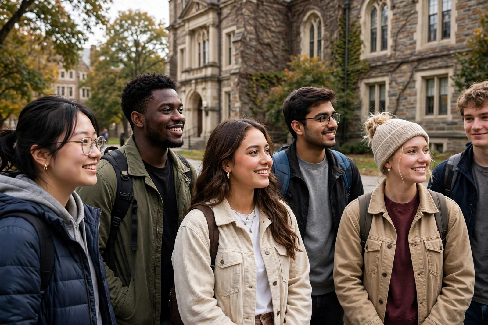 Undergraduate students on a campus tour in front of a historic university building