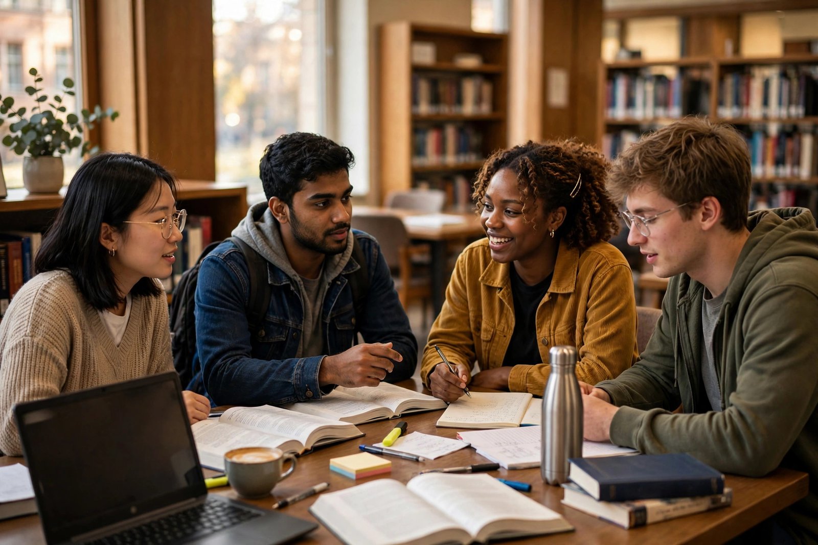 International students studying together in a university library with laptops and books