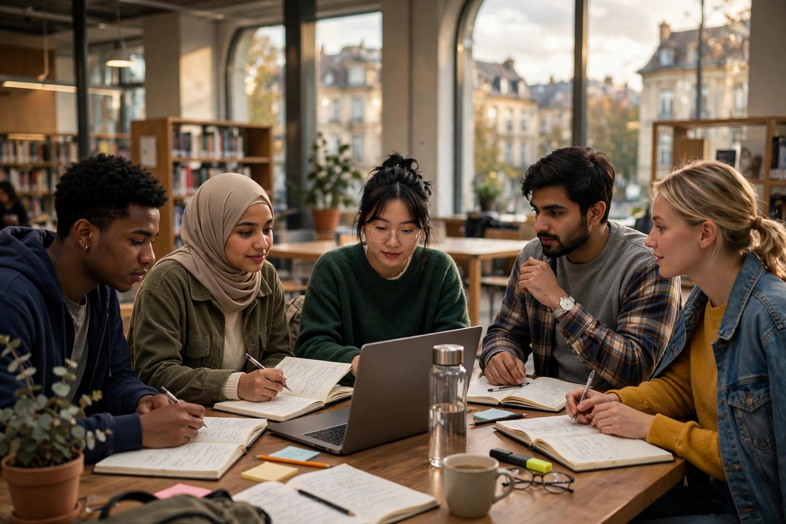 International students studying together in a modern university library