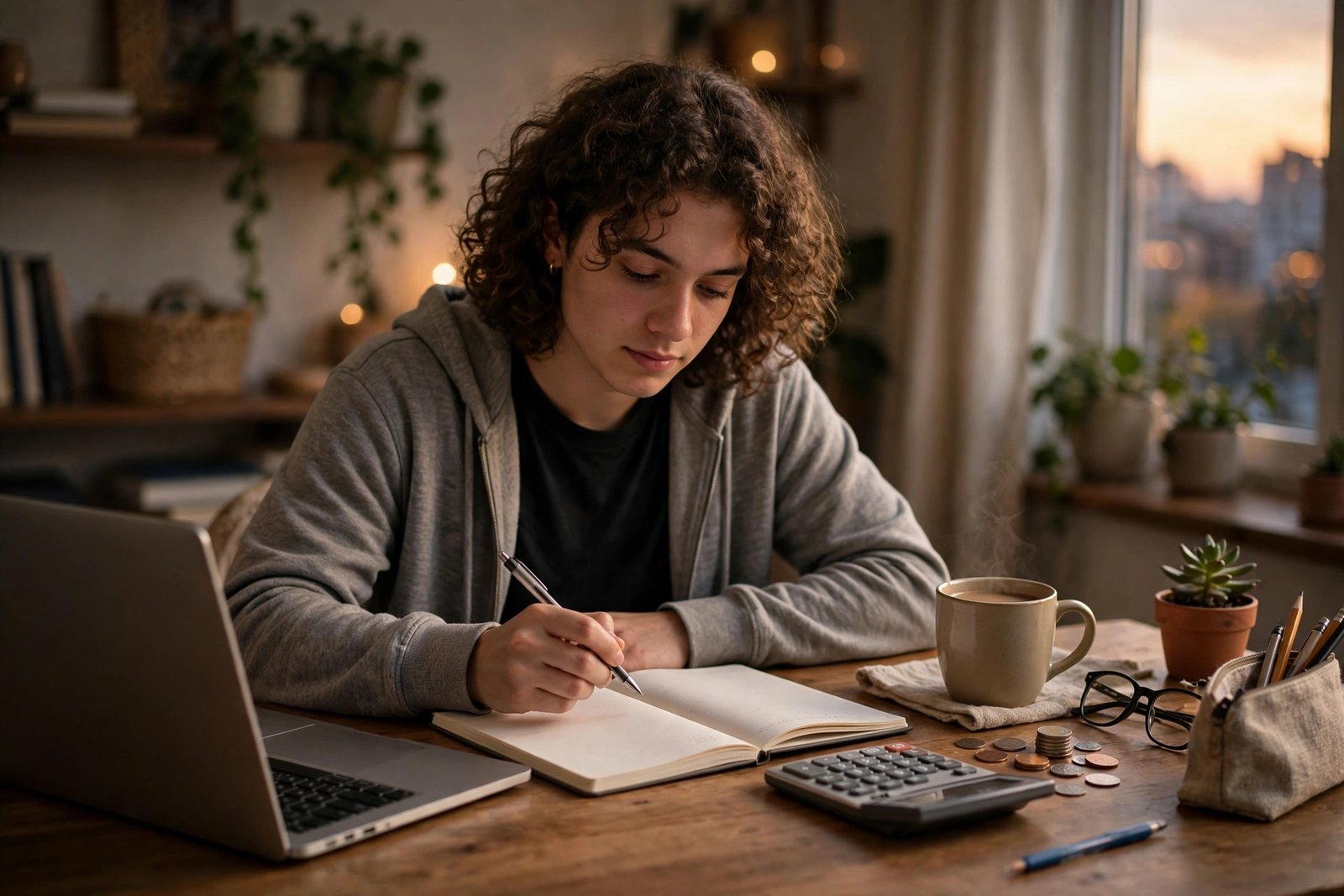 Student budgeting for study abroad at a desk with a laptop, notebook and calculator