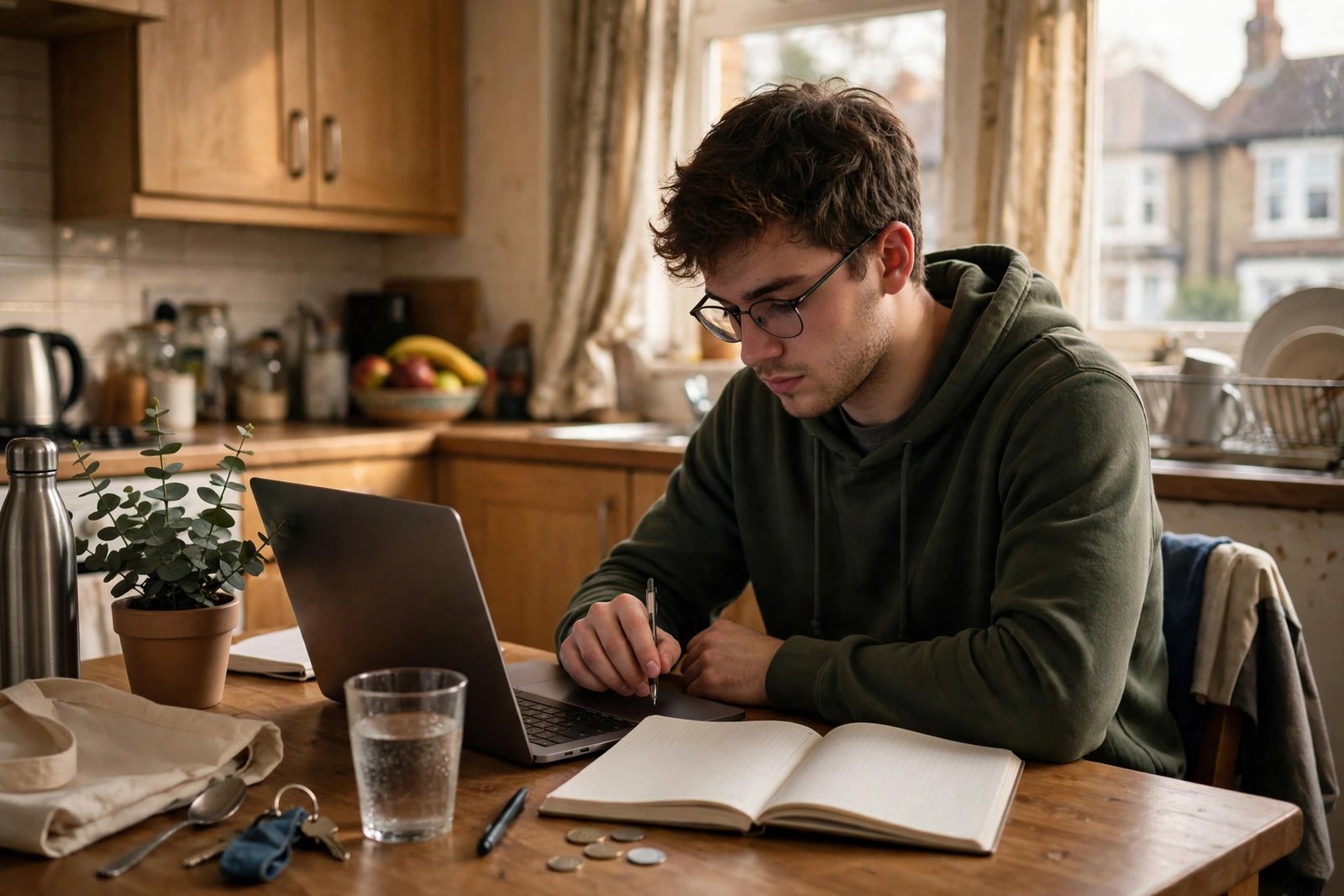 Student planning a monthly budget at a kitchen table in a shared student flat