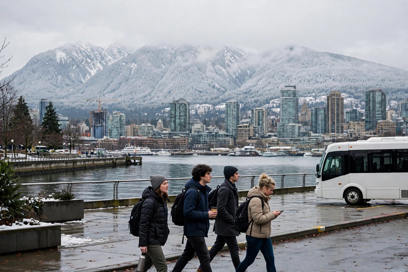Students walking near the Vancouver waterfront in winter with mountains behind