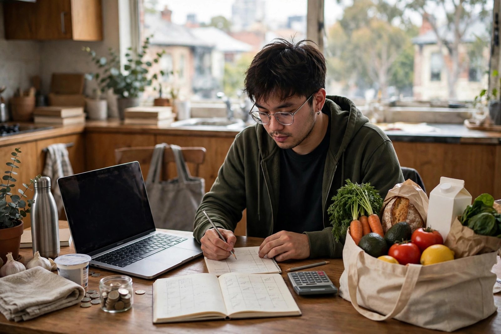 Student budgeting at a desk in a shared student apartment in Australia